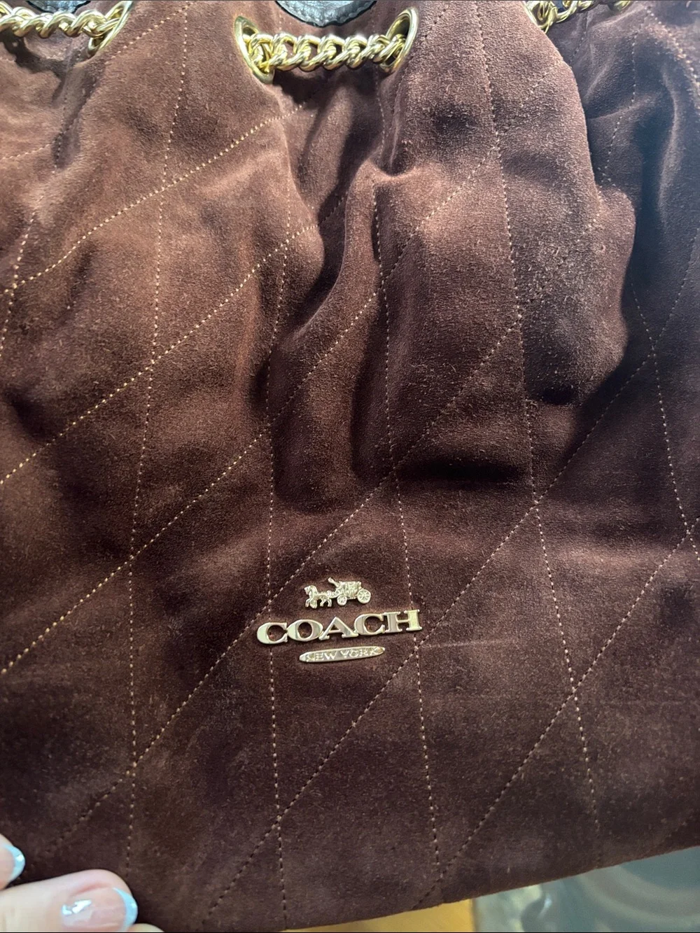 Coach Dark Brown Suede Shoulder Bag with Gold Chain Straps